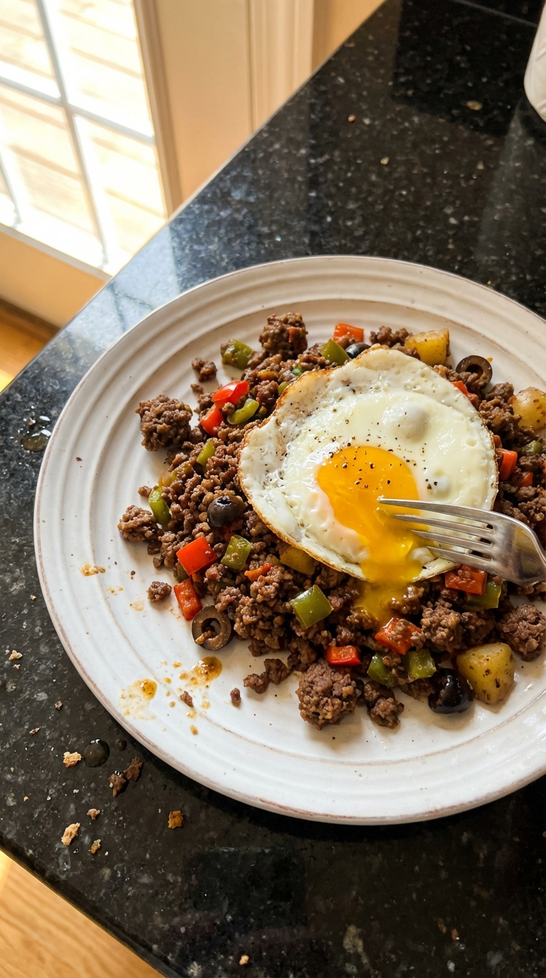 Beef Picadillo with Fried Egg