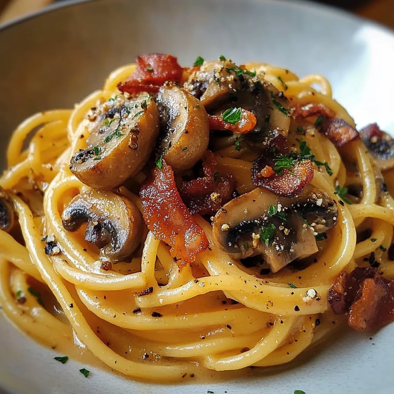 Pumpkin & Mushroom Spaghetti with Crispy Bacon